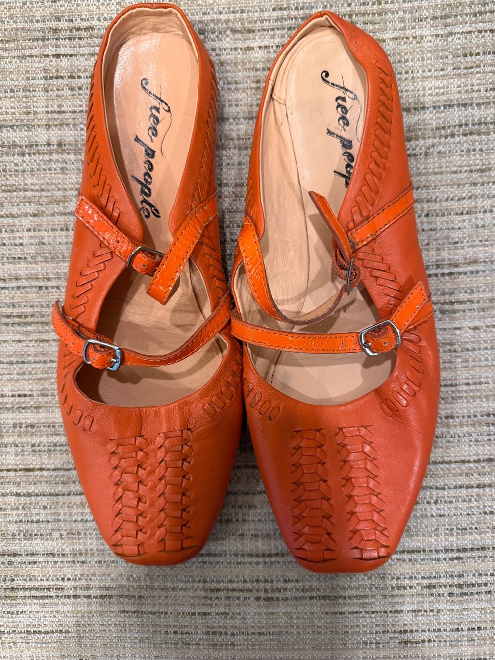 Free People Orange Leather Mary Jane Woven Flats